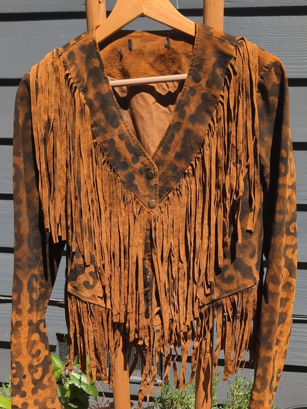 100% Suede Leather Custom Vintage Suede Fringe Jacket in Brown and Black Print